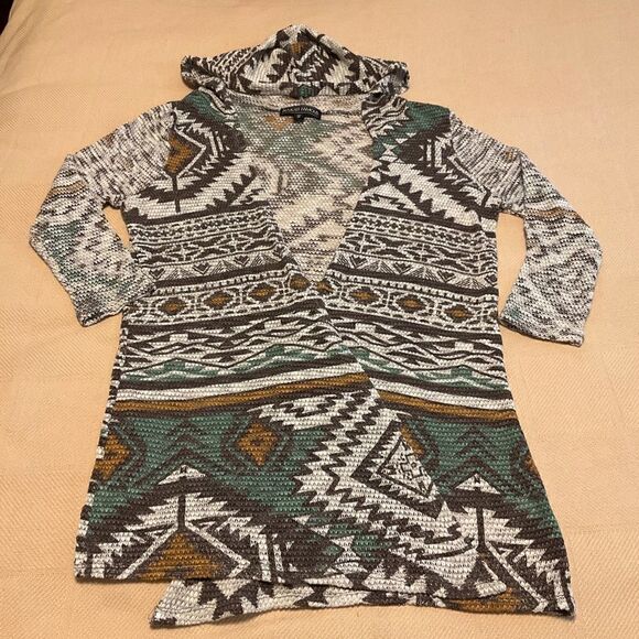 Aztec Boho Sweater. Hooded Western Style Duster. Cool! Med. Light Shacket hippie - Picture 8 of 8